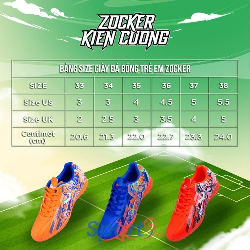 Bảng size của giày đá bóng trẻ em Zocker Kiên Cường