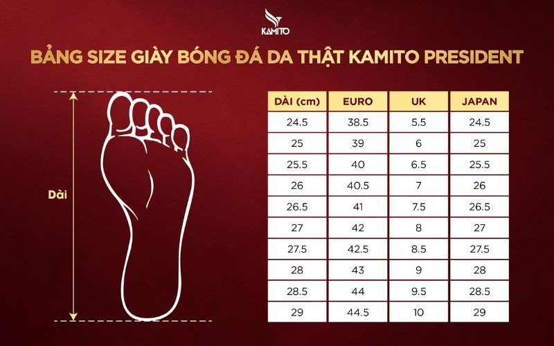 Bảng size giày đá bóng Kamito President